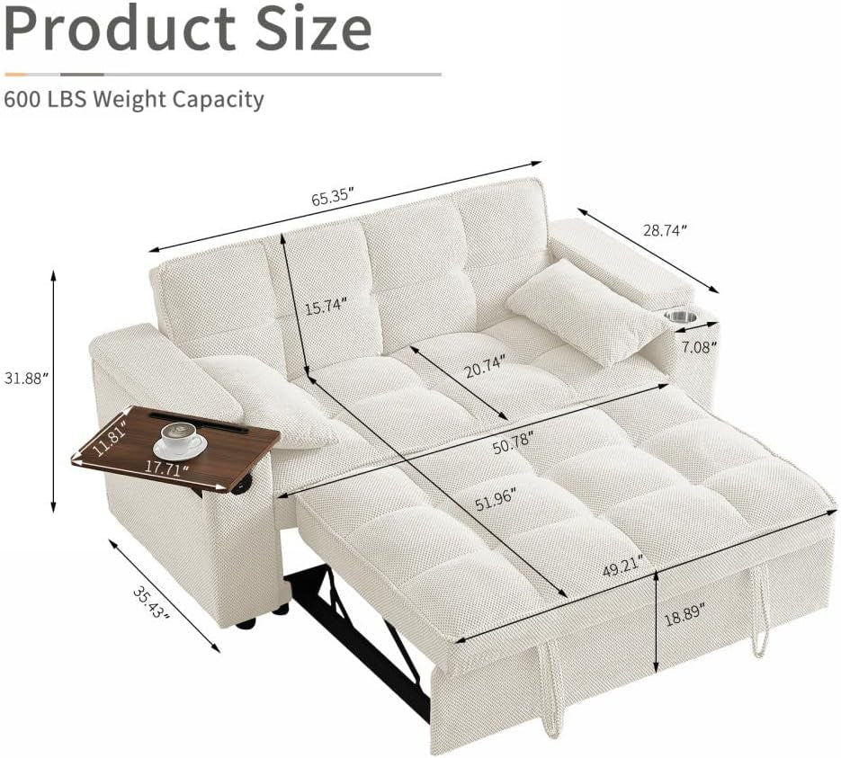 65Inch Convertible Sleeper Sofa With Adjustable Backrest