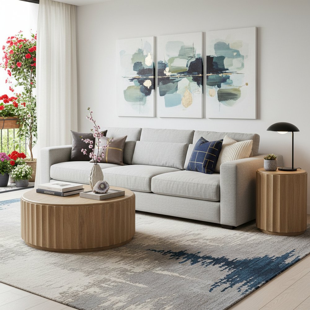 Newport Natural Wood Drum Coffee Table Set