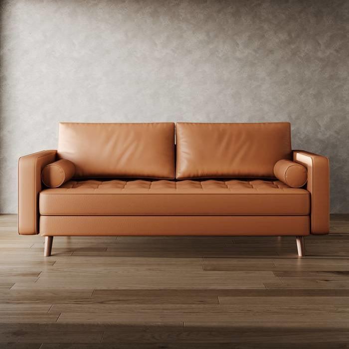 Terracotta Upholstered Faux Leather Sofa w/ Pillows Solid Hardwood Legs